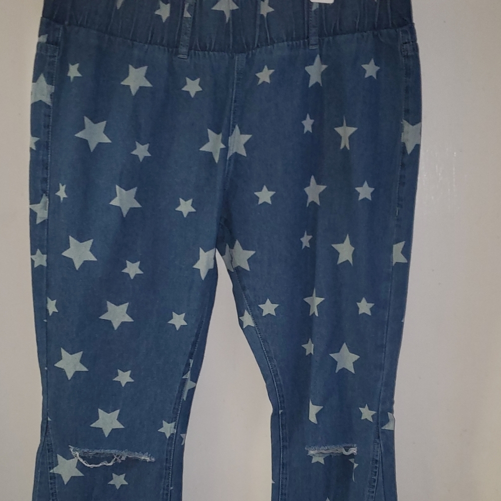 BZB Women's Denim Flared Pants Retro Printed Jeans Denim Pants with Elastic Wais